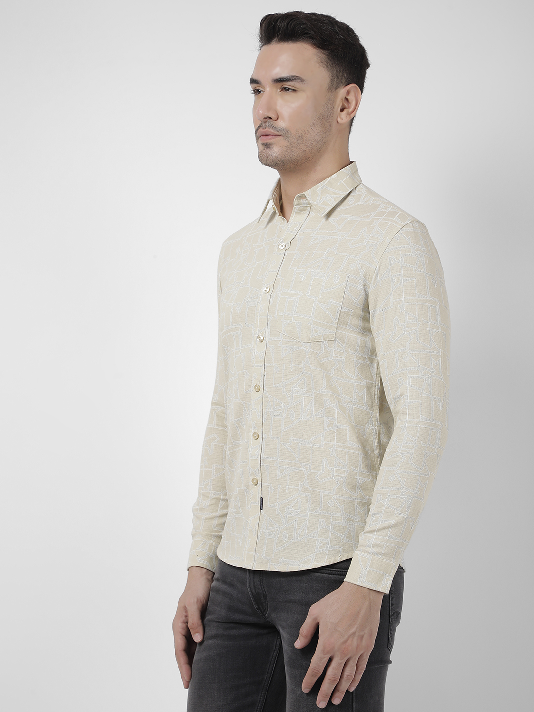 Numero Uno Men Abstract Beige Shirt